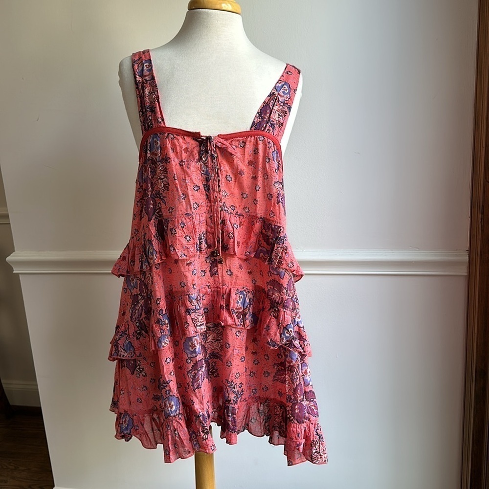 Free People Sunrise Nightie Mini Dress in Carnation Red Floral Large EUC - Picture 2 of 10